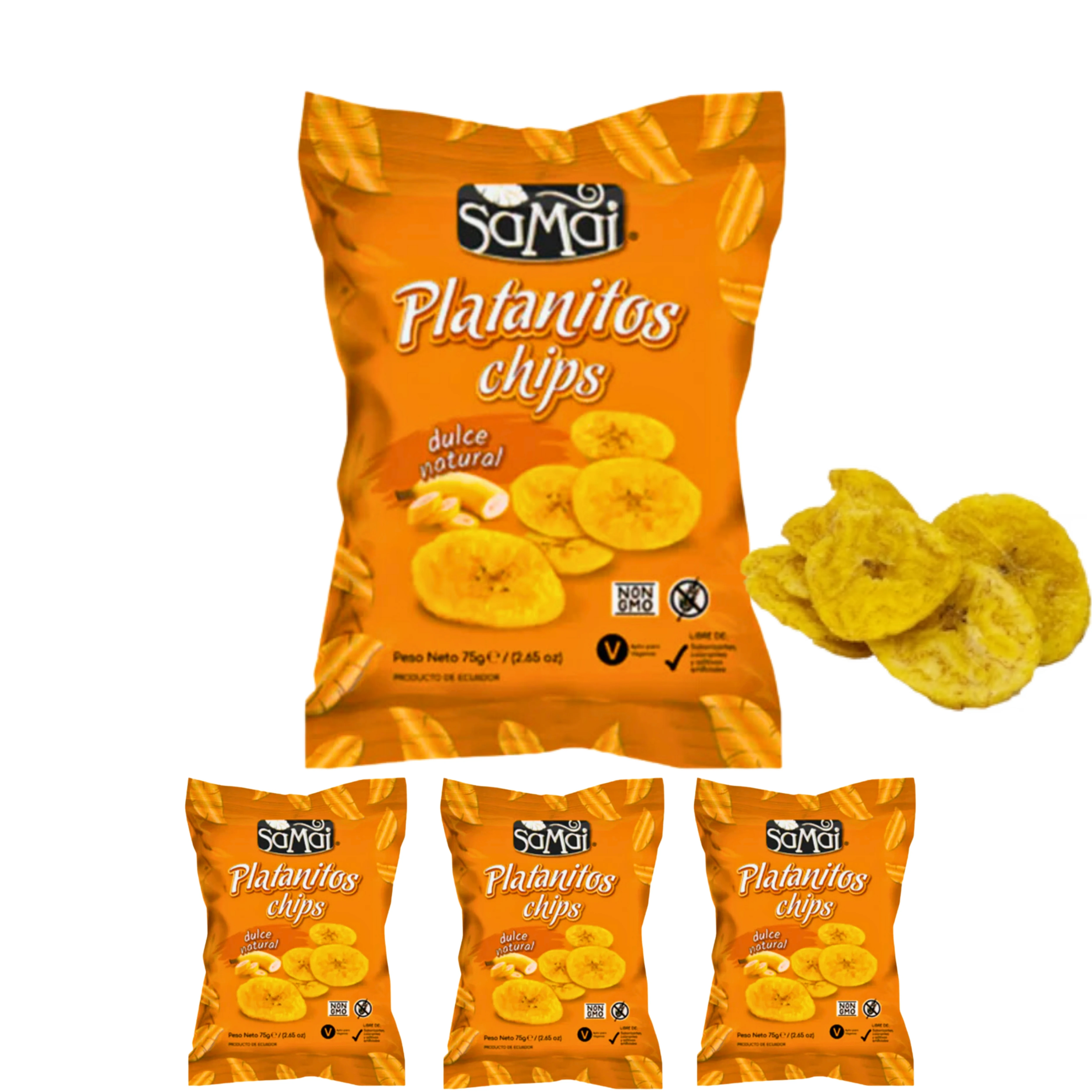 3 PACKAGE SAMAI PALATANITE CHIPS SWEET NATURAL FINE AND CRUJIENT TEXTURE WITHOUT GLUTEN 75G.ECUADOR