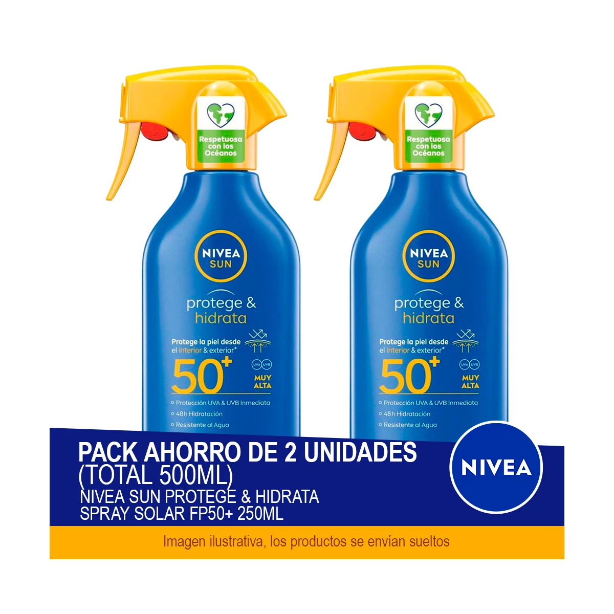 NIVEA SUN Protege & Hidrata Spray Solar FP50+ 250 ml - Pack ahorro de 2 unidades (total 500ml)