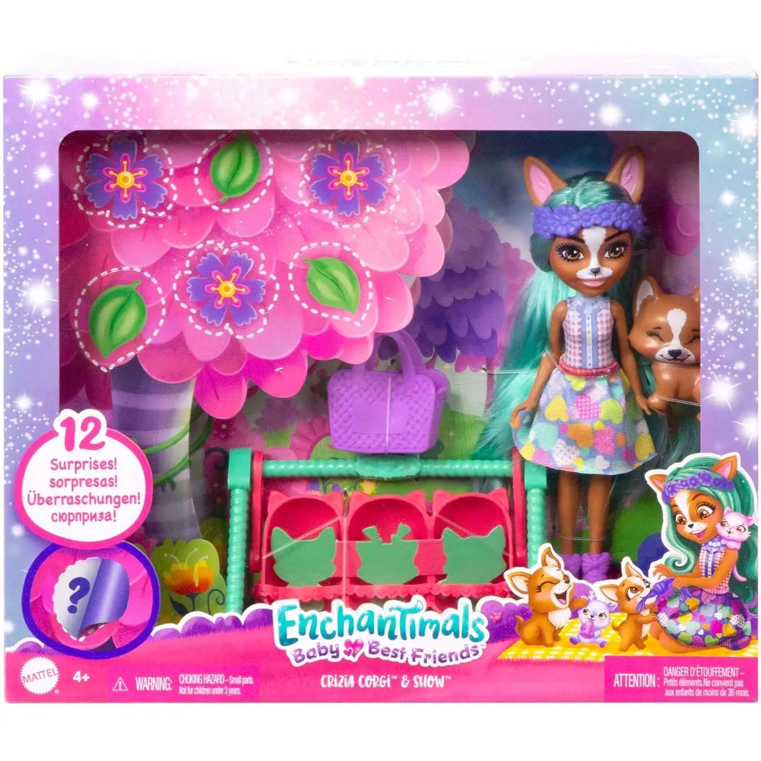 Enchantimals Baby BFFs Crizia Corgi doll with pet dog Show , 3 bestie reveal and accessories, toy + 4 years (Mattel HLK86)