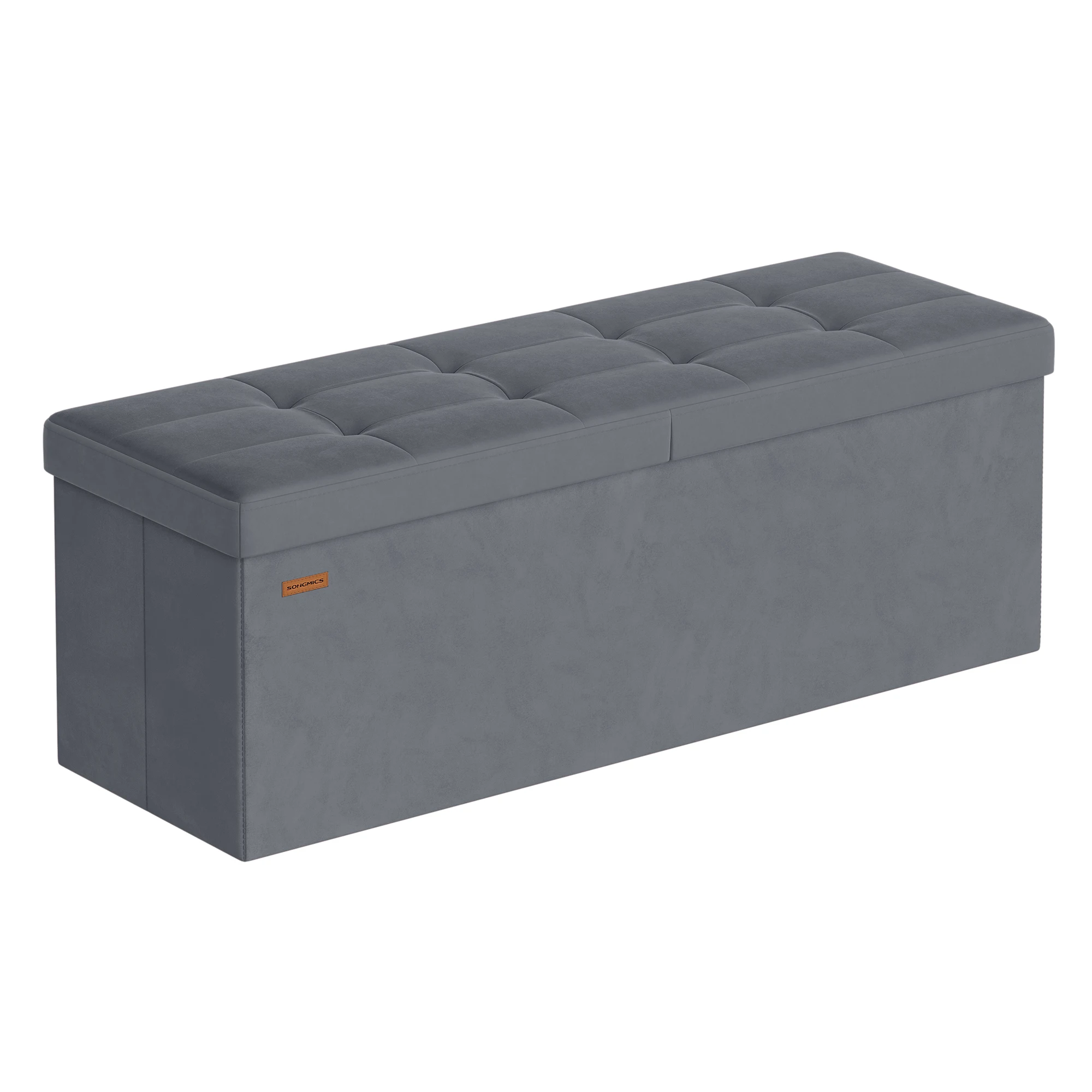 SONGMICS Puff Almancenaje, Banco Almacenaje Plegble, 38 x 110 x 38, Tapa Abatible, Taburete con Reposapiés, Carga 300 kg, Entrada, Salón, Dormitorio, Tela de Terciopelo, Gris Pizarra/Beige Capuchino