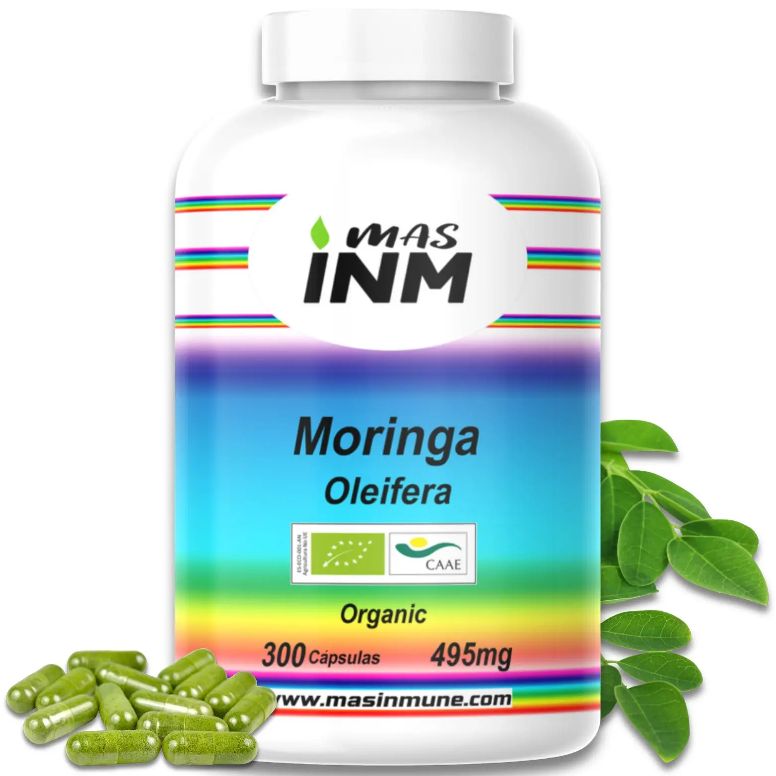 Moringa Oleifera BIO 300 Cápsulas - Superalimento Natural con Vitaminas, Omega 3 y Antioxidantes - Masinm