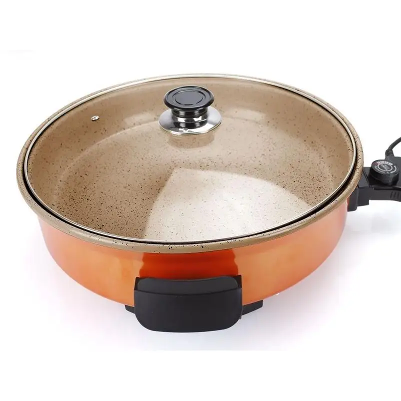 Grill Electrico -- Pizza Pan 40 cm - Paellera con Tapa Vidrio y Mangos Tacto frio Tekno Cheff  Natural Stone Evolution