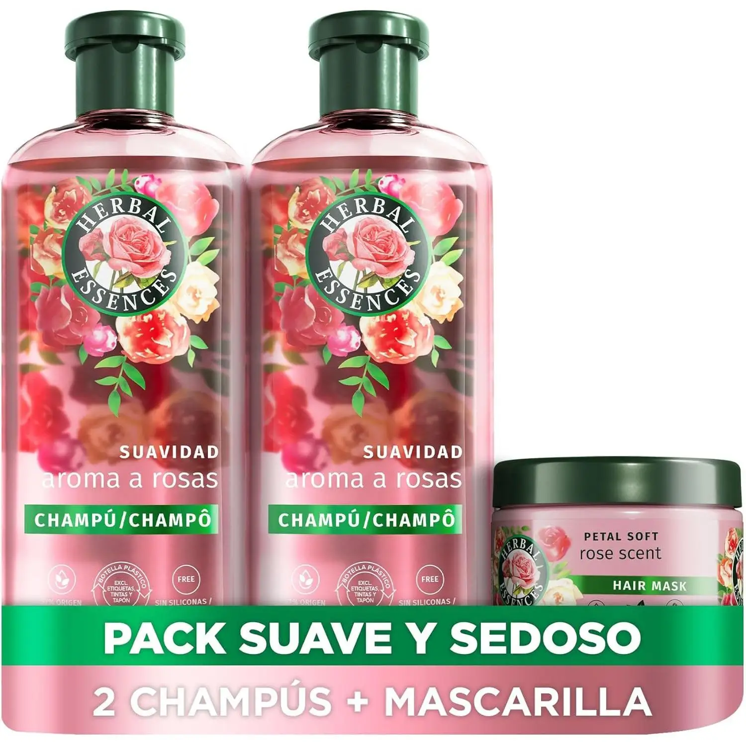 Herbal Essences Champú Aroma A Rosas PACK Champú 2x350ml + 1 Mascarilla 500ml.