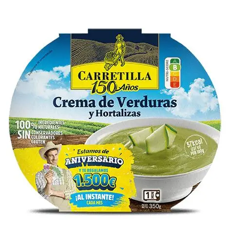 Carretilla Crema de Verduras y Hortalizas 7 Unidades de 350 GR , Platos Listos en 1 Minuto, con Ingredientes Naturales y sin Añadir Conservadores no Necesita Frío Para su Conservación, Envase Microondable.
