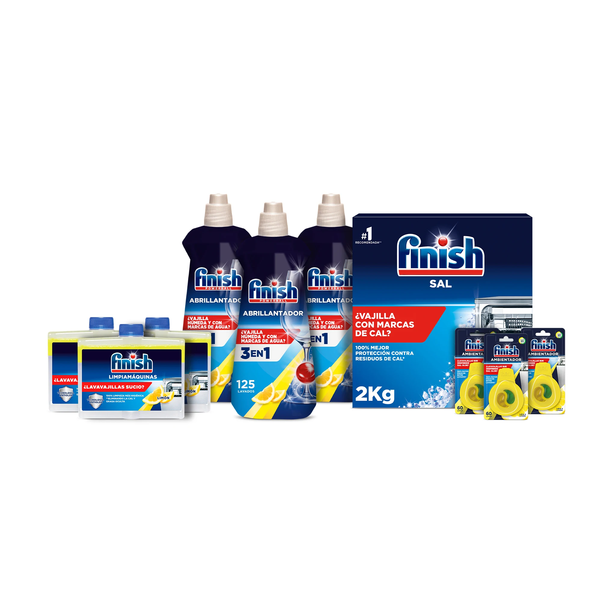 Pack Aditivos Finish - 3x Abrillantador Limón 500 ml + 3x Ambientador Limón + 3x Limpiamáquinas Limón + 2 Kg Sal