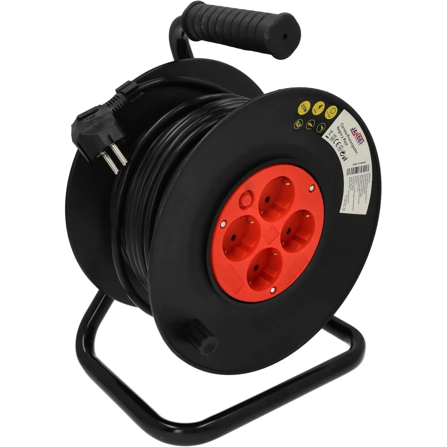 Jandei - Enrollacables de Carrete Prolongador Extensible Eléctrico con Asa, 25 Metros de Cable, Negro y Rojo. 4 Tomas Schuko