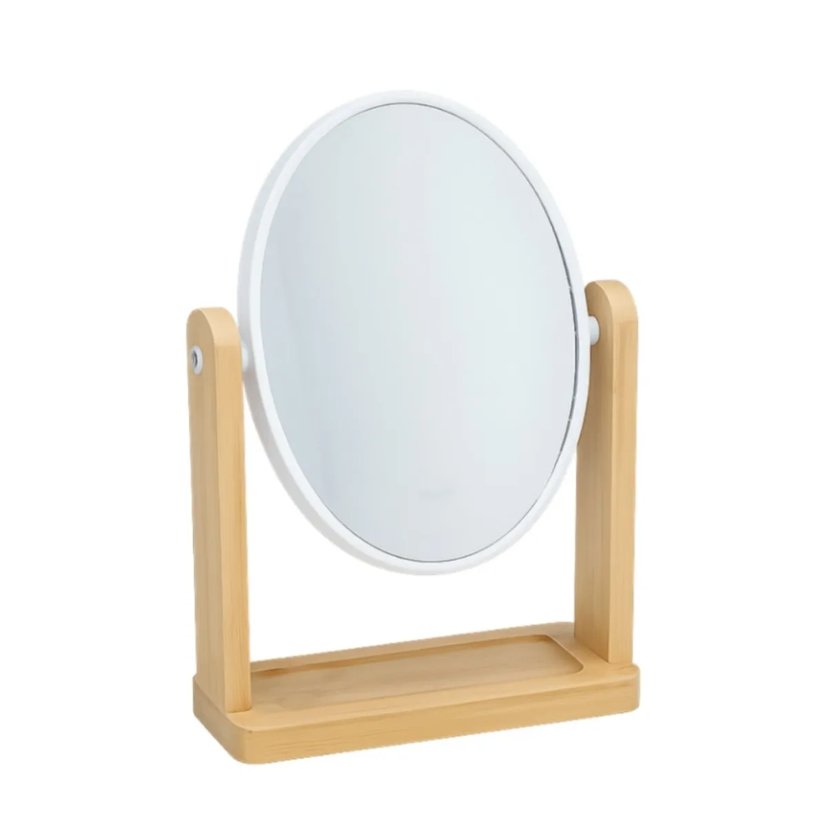 ZYLX SHOPPING - Espejo de Maquillaje de Mesa de Bambú - Doble Cara con Aumento 2X - Giratorio 360° con Bandeja Organizadora (16x6x23cm)
