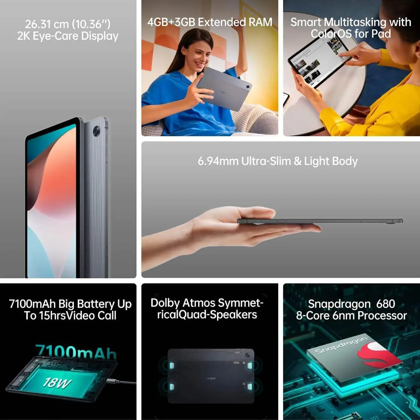 Oppo pad air 10.36" tablet, 2k screen, qualcomm snapdragon 680, 7,100mah battery 4gb/128gb gray