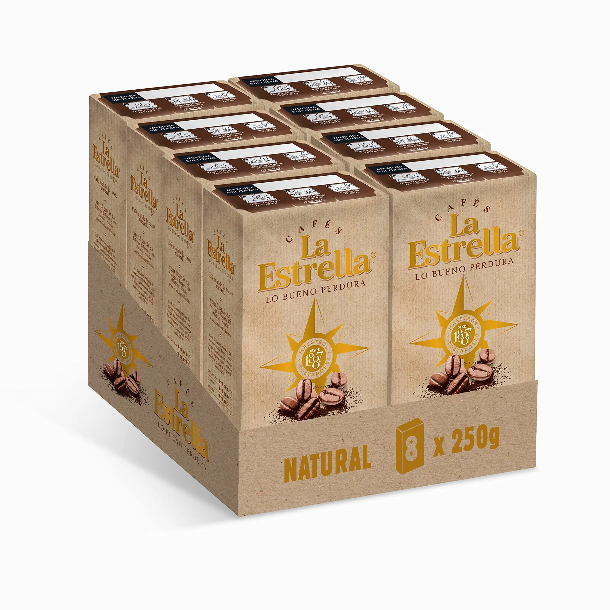 PACK de 8 - Café molido LA ESTRELLA Tueste natural, 8 paquetes, 2Kg total