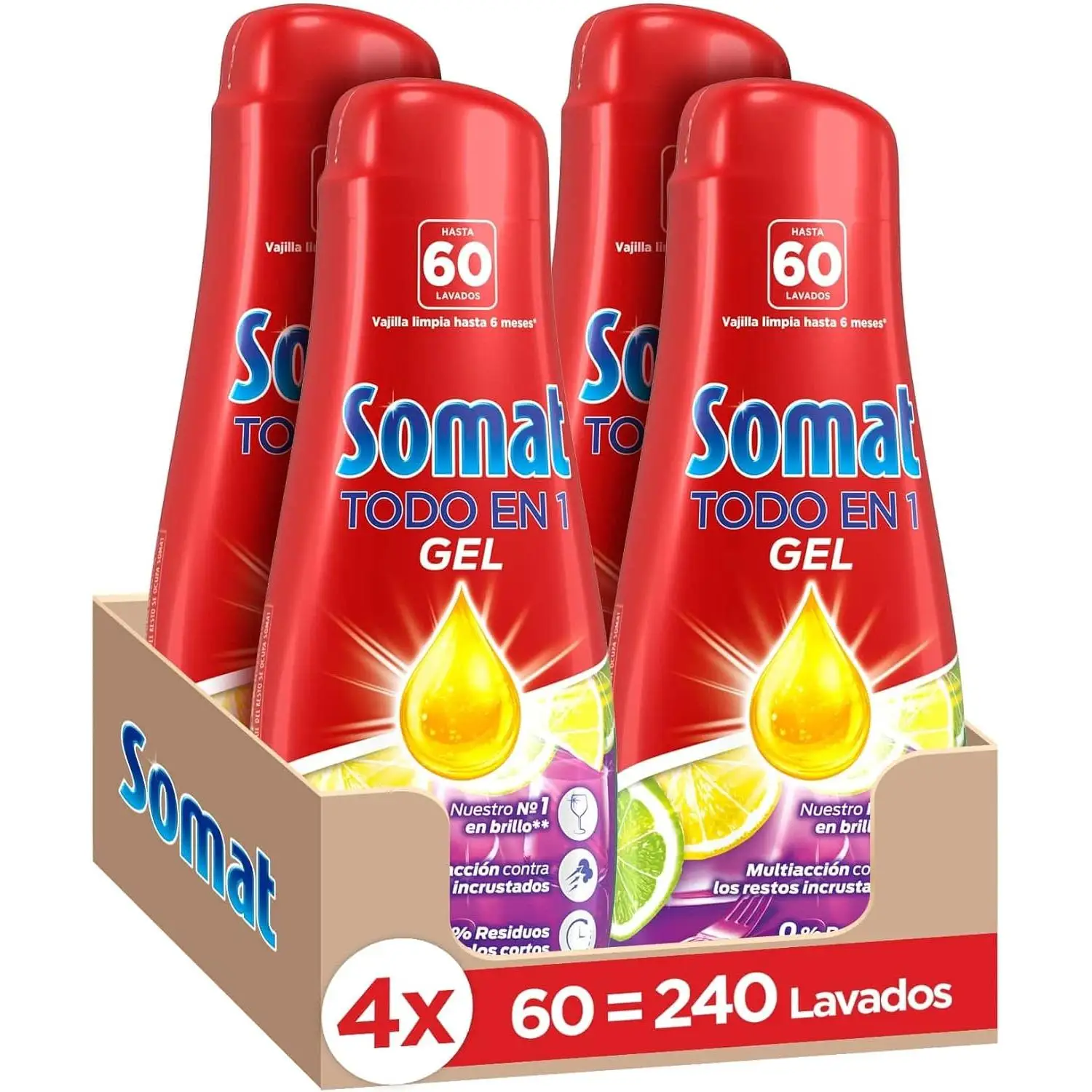 Somat Todo en 1 Gel Lima Limón (4 x 60 lavados), detergente lavavajillas líquido para vajilla, gel lavavajillas eficaz en ciclos eco y cortos, limpia profundamente