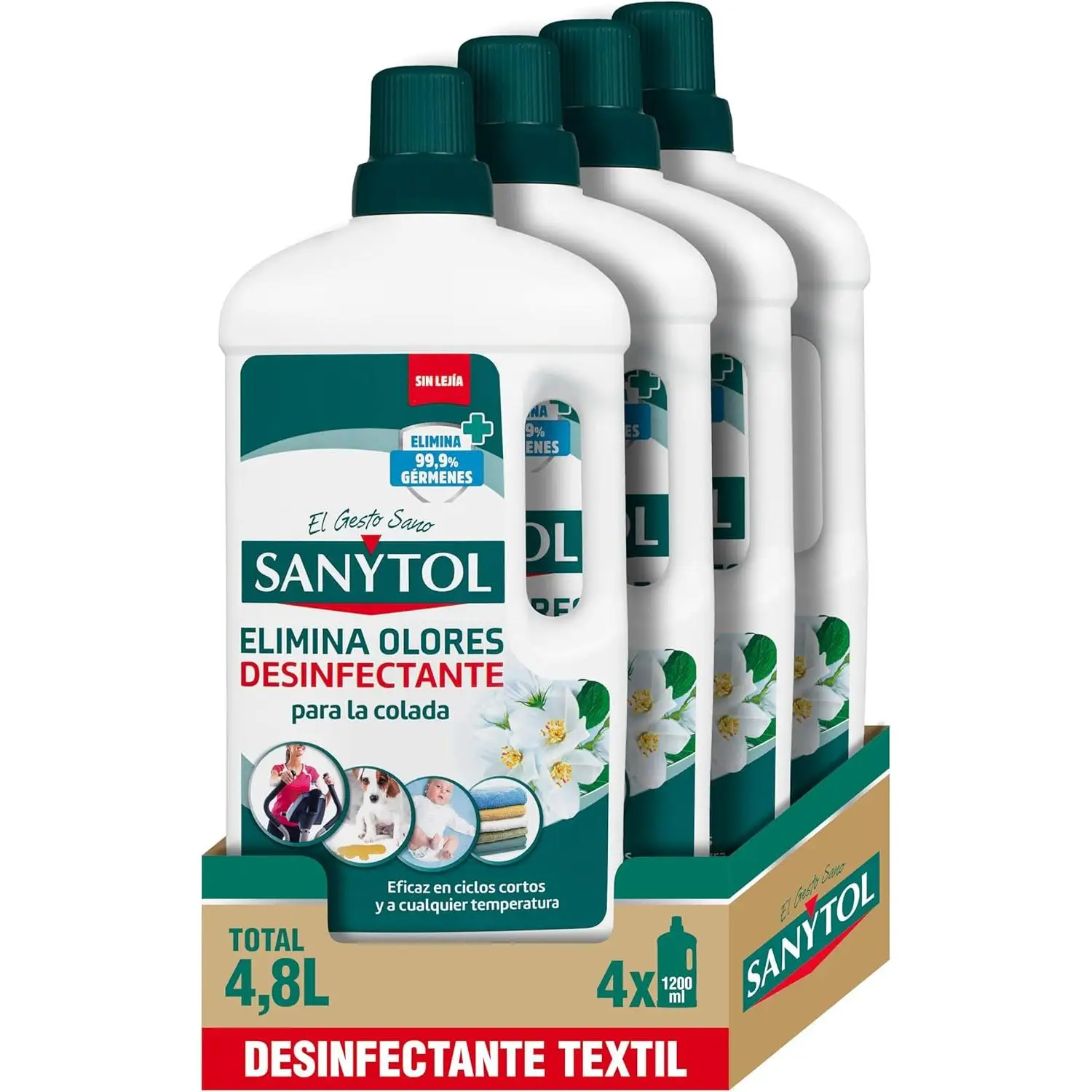 Sanytol Desinfectante Textil Sin Lejía (4.8L, 4 x 1.2L) - Elimina el 99.9% de Gérmenes y Malos Olores en Ropa, Toallas y Textiles con Aroma Fresco