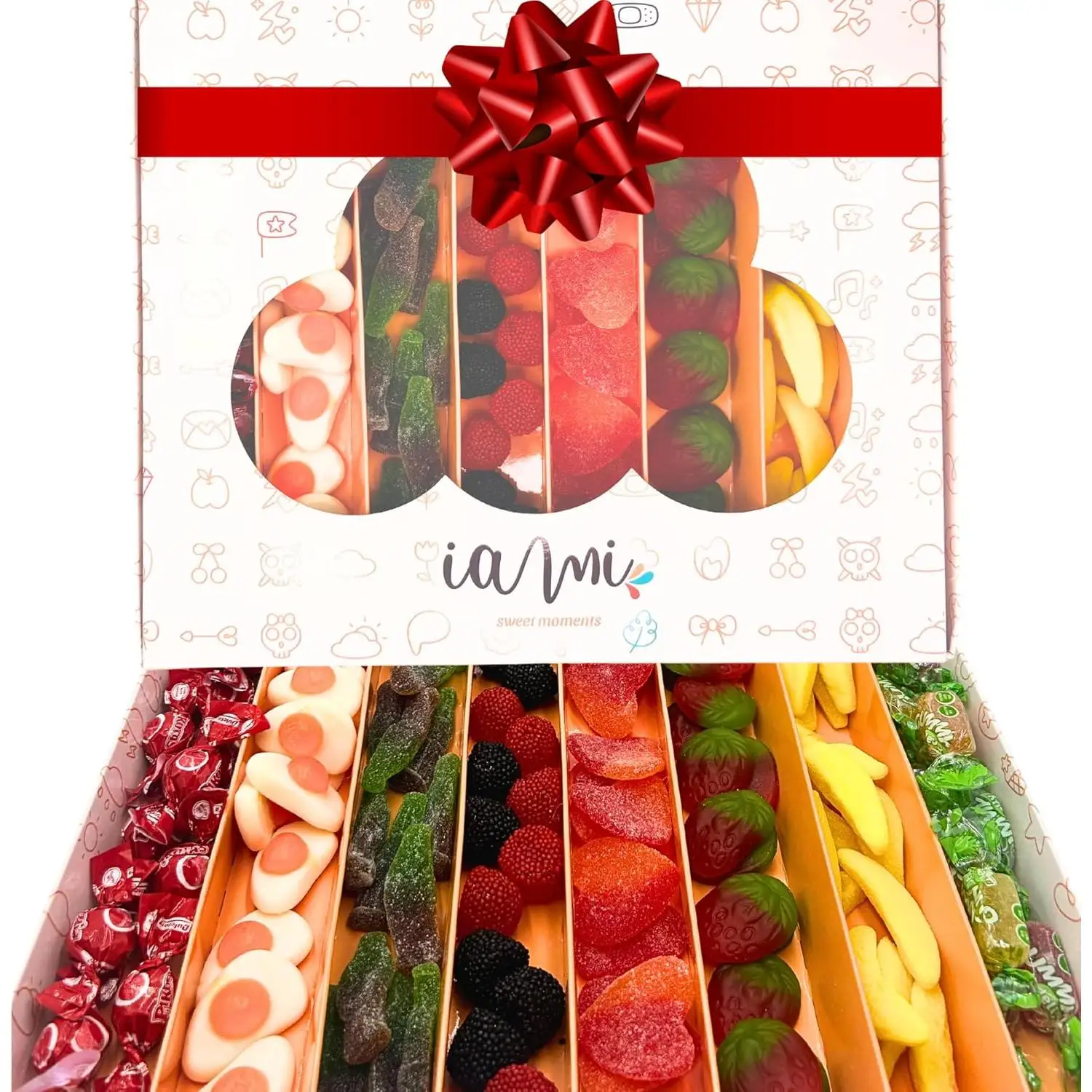 Caja Chuches Regalo - Más de 120 Chuches y Golosinas para Regalar - Moras, Cola, Jelly, Fresas, Plátanos, Corazones, Huevos y Pikotas- Perfecto como Regalo de Cumpleaños, Navidad, Empresa, Amigos