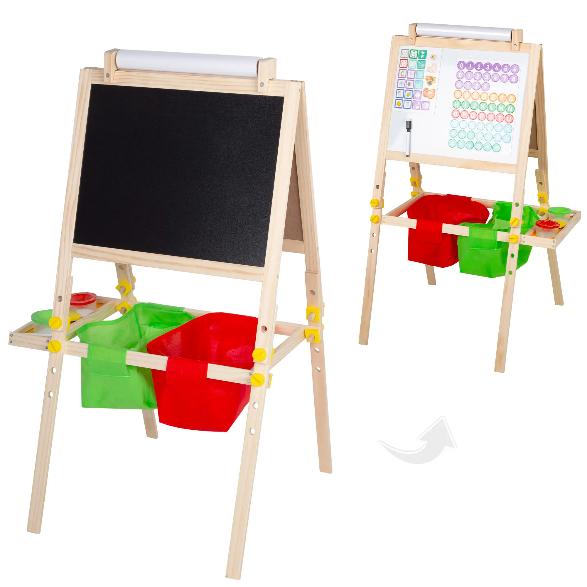 WOOMAX - Pizarra infantil doble cara (negra y blanca magnética) + rollo de papel para escribir, 57x59x93 cm, incluye tizas, imanes educativos, borrador, rotulador, 2 cestas de almacenaje y 2 botes, caballete madera, diseño 3 en 1, juguetes niños 3 años