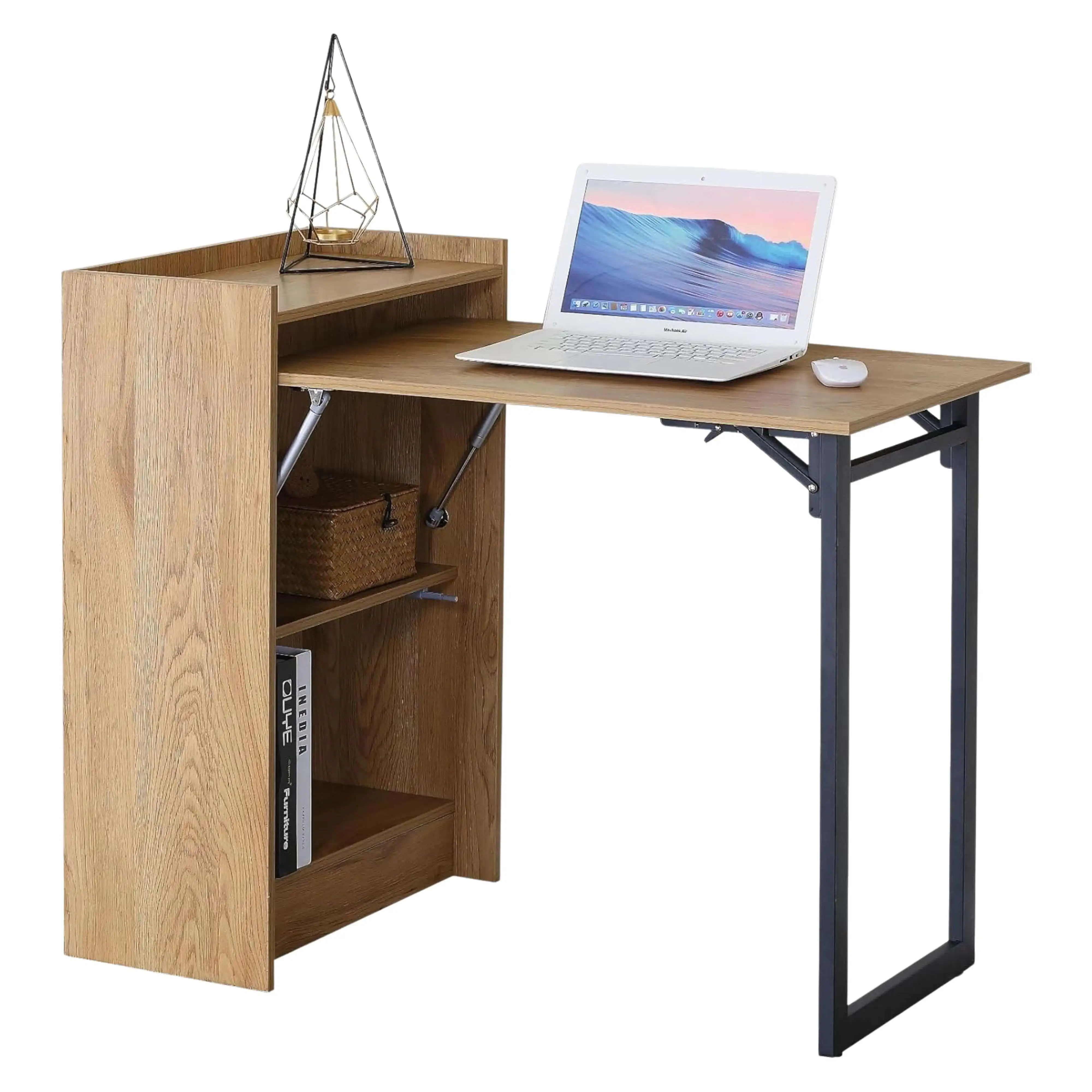 Miroytengo Mesa Escritorio Plegable con Estantería Kiri Oficina Roble Cambrian y Negro con 2 Estantes 102x86x58 cm