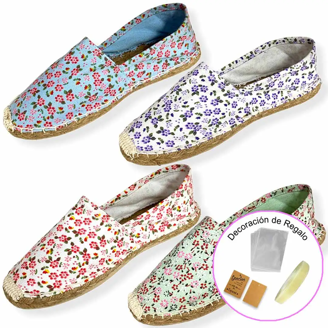 Mundiboda Alpargatas Mujer Flores 4 colores (caja de 24 pares) (Regalo de Bolsa Celofán, Tarjetita y Cinta) modelo "35005"