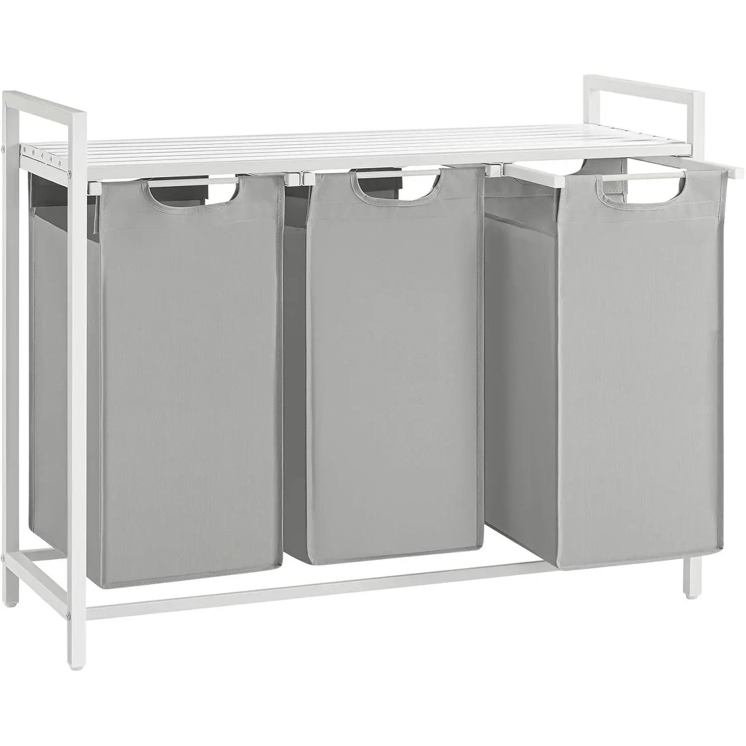 VASAGLE Cesto para Ropa Sucia, Cesta Colada, 3 Bolsas Colada de Tela Oxford Extraíble y Desmontable, Estante, Marco Metálico, 3 x 38 L, 92,5 x 33 x 72 cm, Gris Paloma