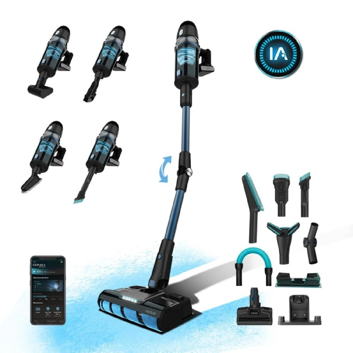 Conga Rockstar 9500 Connected Ergowet 3000 IA vacuum cleaner 230W, Artificial intelligence, mobile App, autonomy 90 ', Digital display, without Cable, double filter, accessories, 4 Programs