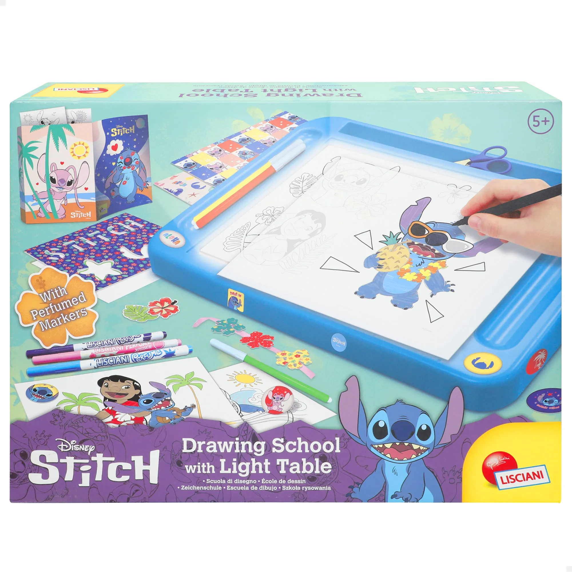 Lisciani Lilo & Stitch - Mesa dibujo con luz Disney, pizarra luminosa, 42x7x27 cm, incluye libro de actividades, rotuladores perfumados, pegatinas, plantillas estarcido, tijeras, juguetes para niños y