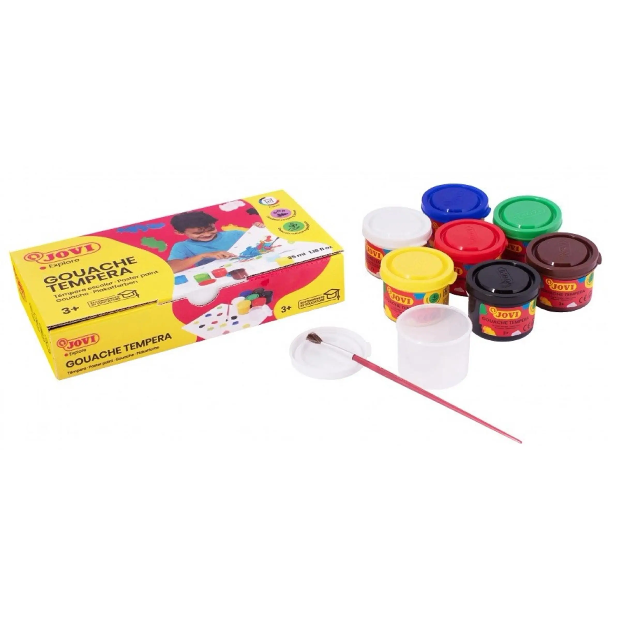 Jovi children's temperas paint set - 7 35 ml jars in assorted colors with brush and mixing bottle. Great covering power, easy application and quick drying. Based on natural ingredients, gluten-free and free of the main allergens.