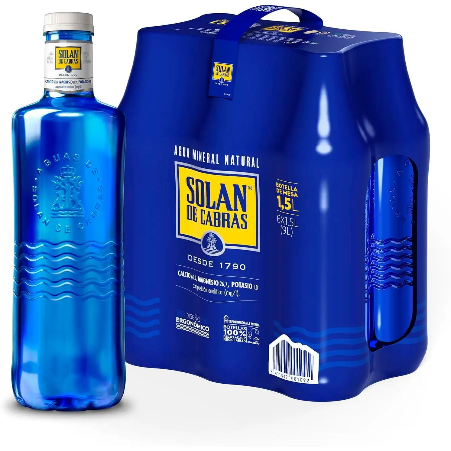SOLAN DE CABRAS Agua Mineral Natural sin Gas con una destacada Composición Mineral, Máxima Calidad de Agua, Ideal para Hidratarte en Cualquier Situación, 6 Botellas de 1,5L