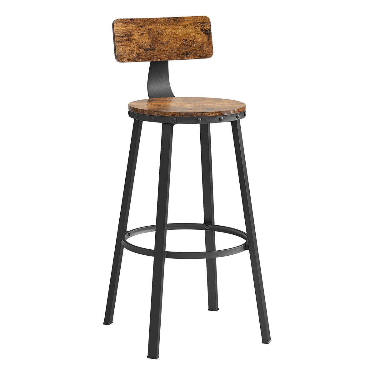 VASAGLE Taburete Alto, Juego de 2, Taburetes Altos de Cocina, con Respaldo, Estructura de Acero, Asiento de 73 cm de Altura, Fácil Montaje, Estilo Industrial, Marrón Rústico y Negro/Blanco Rústico y