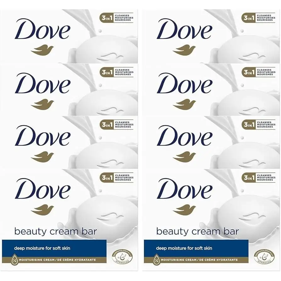 PACK de 8 -  Dove Jabón original en pastilla , para cara, cuerpo y manos con 1/4 de crema hidratante 90grx2