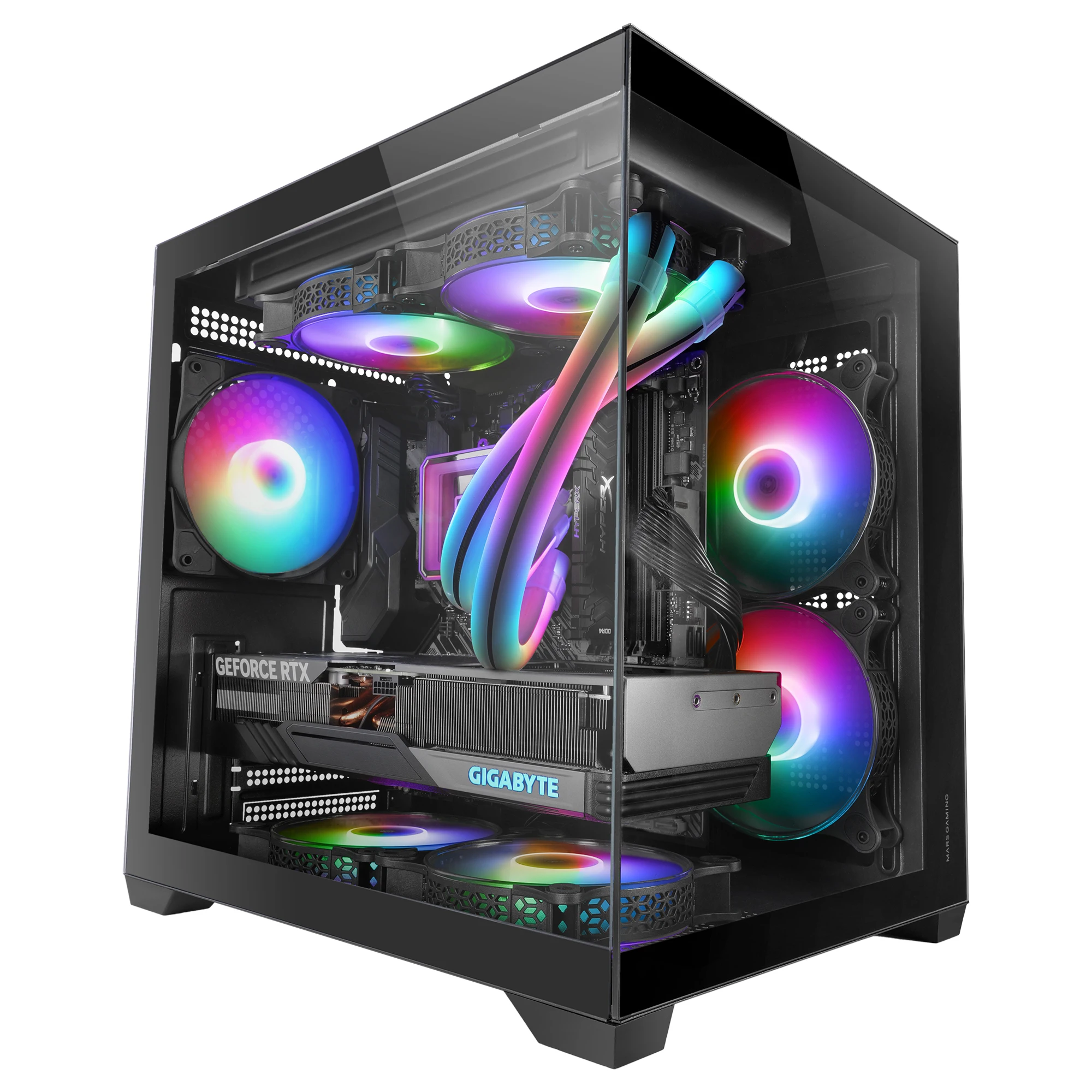 Mars Gaming MC-VIEW2, Caja Gaming MicroATX, Doble Cristal Templado Continuo Sin Marco, 1x Ventilador FRGB Trasero 120mm, Soporte Refrigeración Líquida hasta 240mm, Estructura de Doble Cámara, Caja