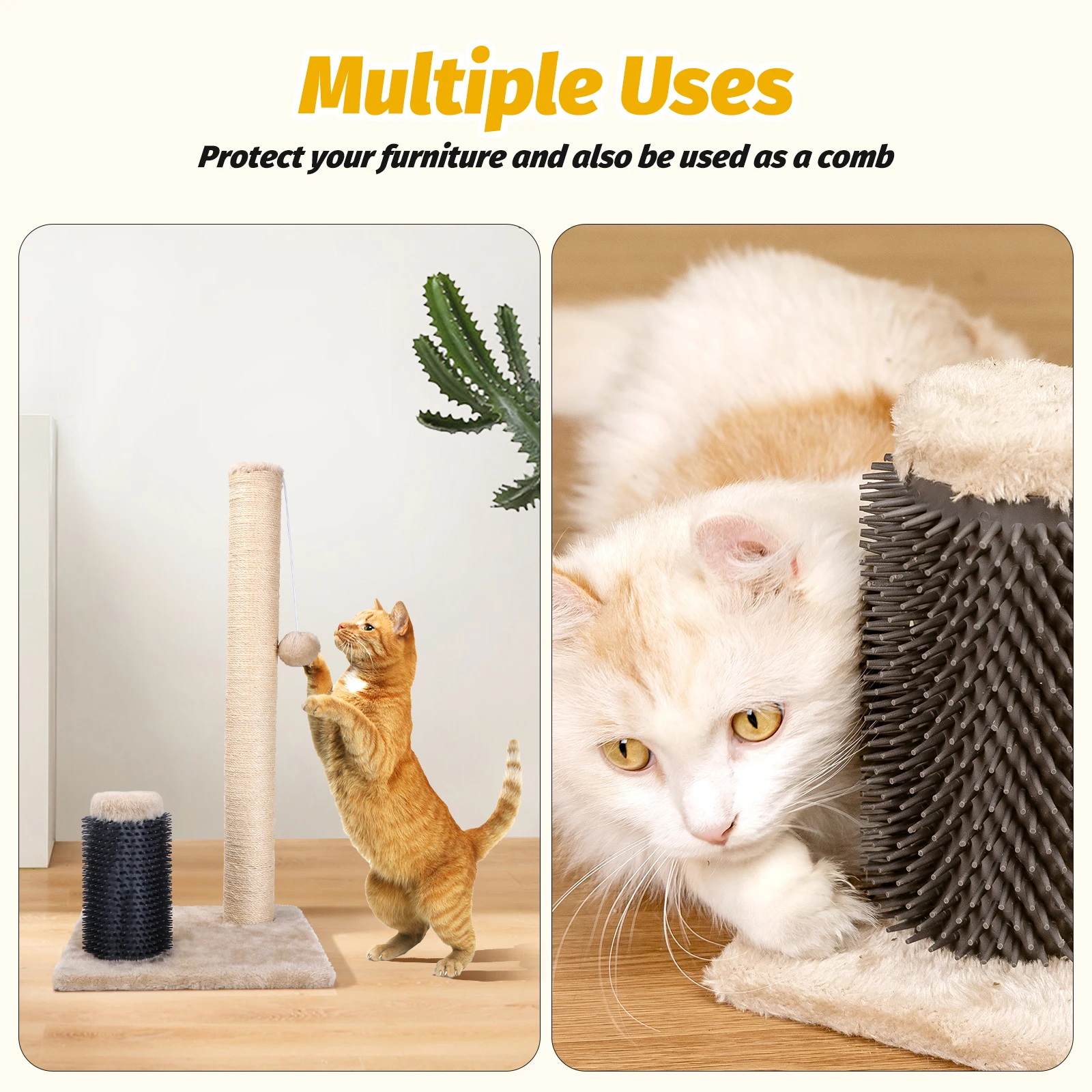 Nobleza - cat scratching post, natural sisal rope with toy balls and silicone comb for cats, 60x30x30cm (beige color) #4