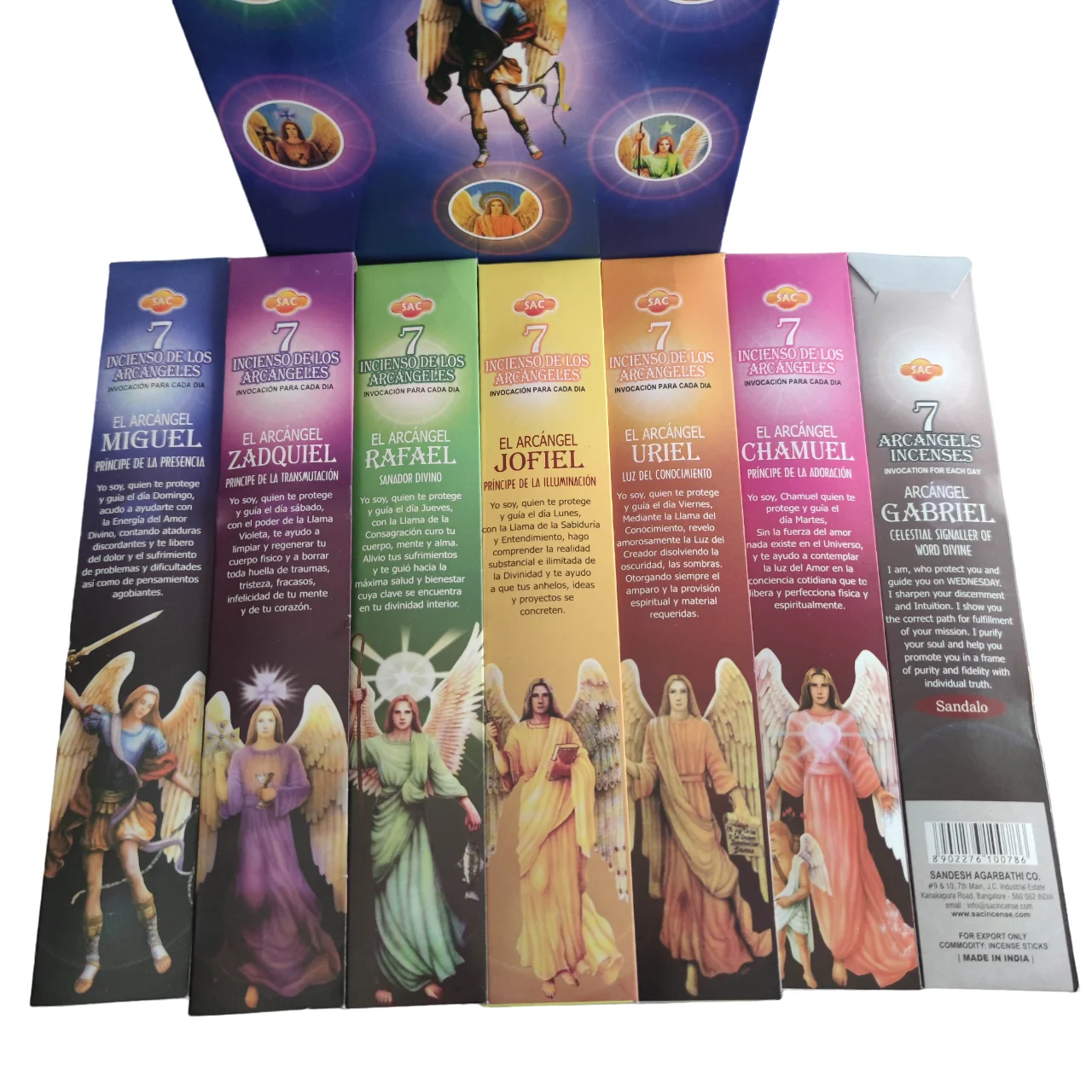 Incense of the 7 Archangels SAC - Complete box with 12 boxes, each containing 7 packets of 5 sticks (total 420 sticks) in unique aromas like Ruda and Sándalo for aromatherapy and home fragrance.