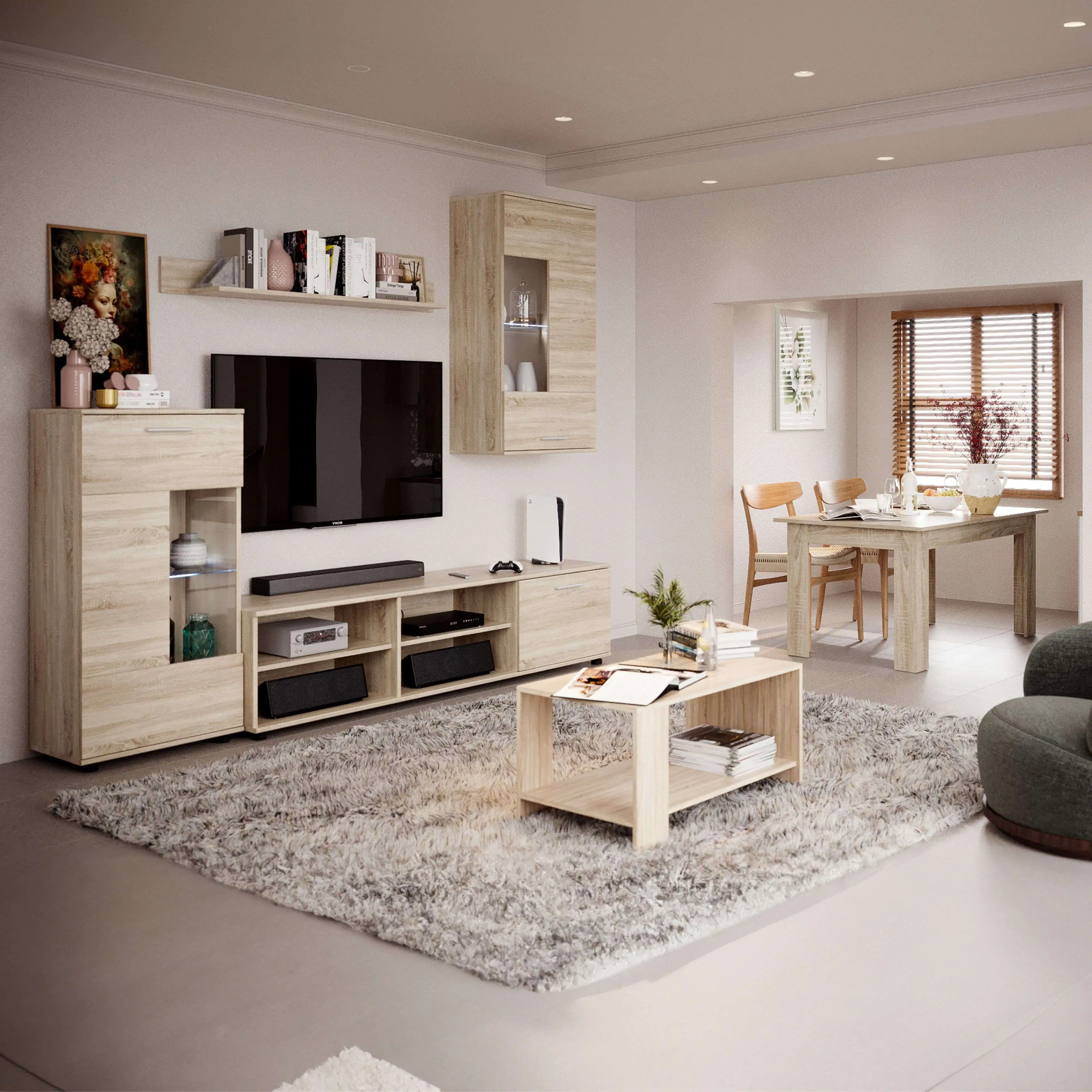Miroytengo Pack Muebles de Salón Cheri con Mueble TV, 2 Módulos, Estantería, Mesa de Centro y Mesa de Comedor Roble Sonoma