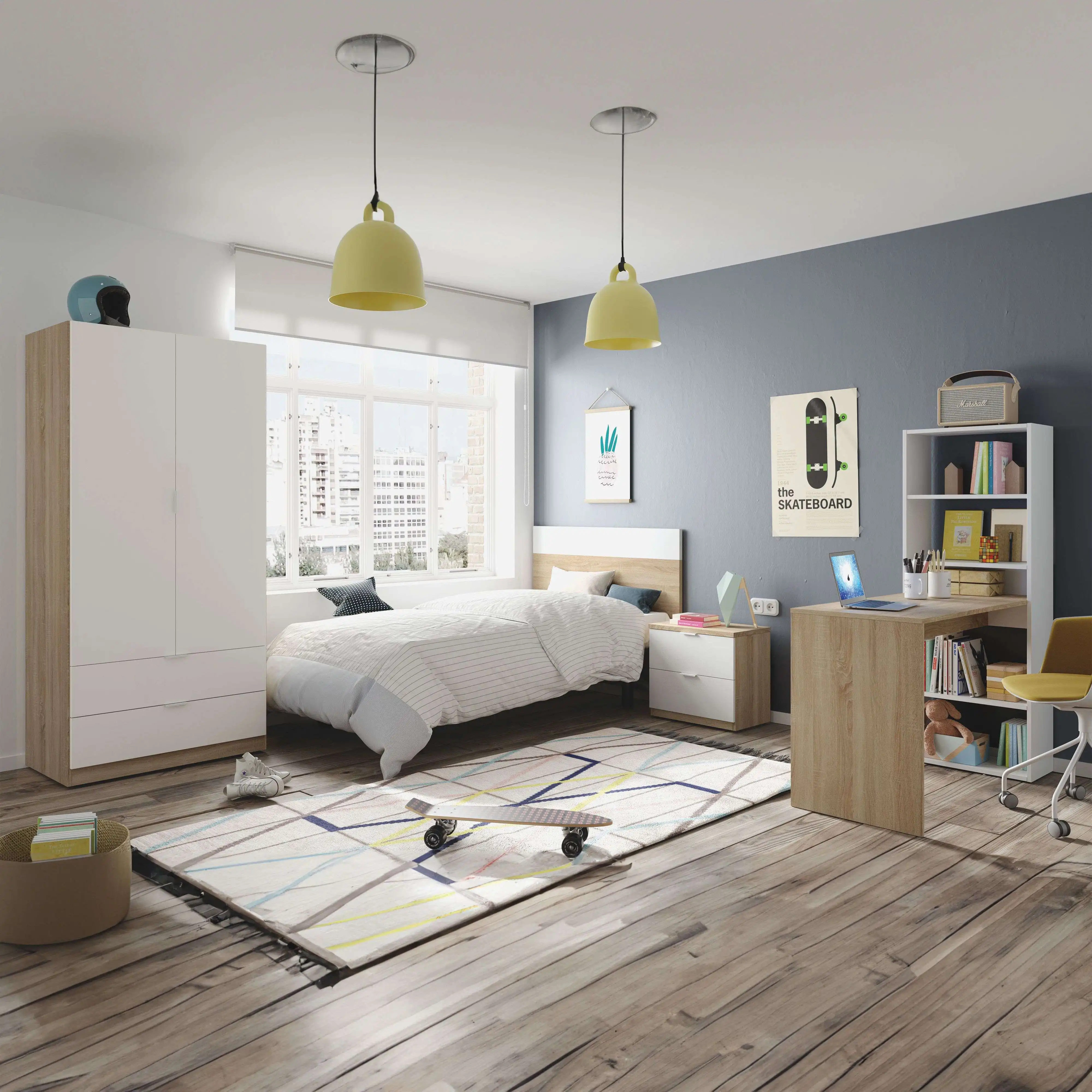 Headboard with Luca White and Oak Table