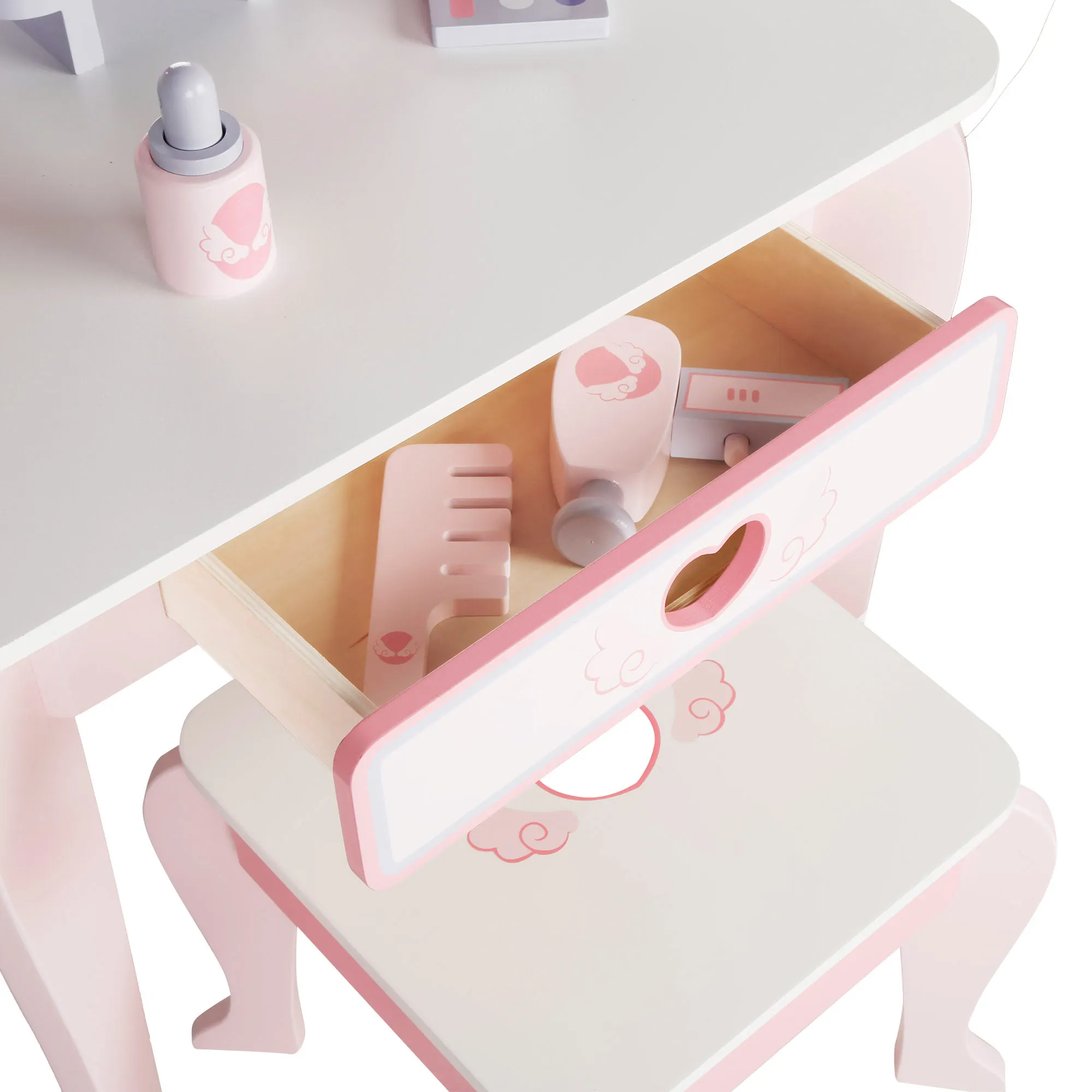 Woomax - makeup dressing table for girls with wooden stool and plexiglass mirror, 50x34x92 cm, pastel colors, children's dressings, with interactive accessories, toys for children 3 years #2