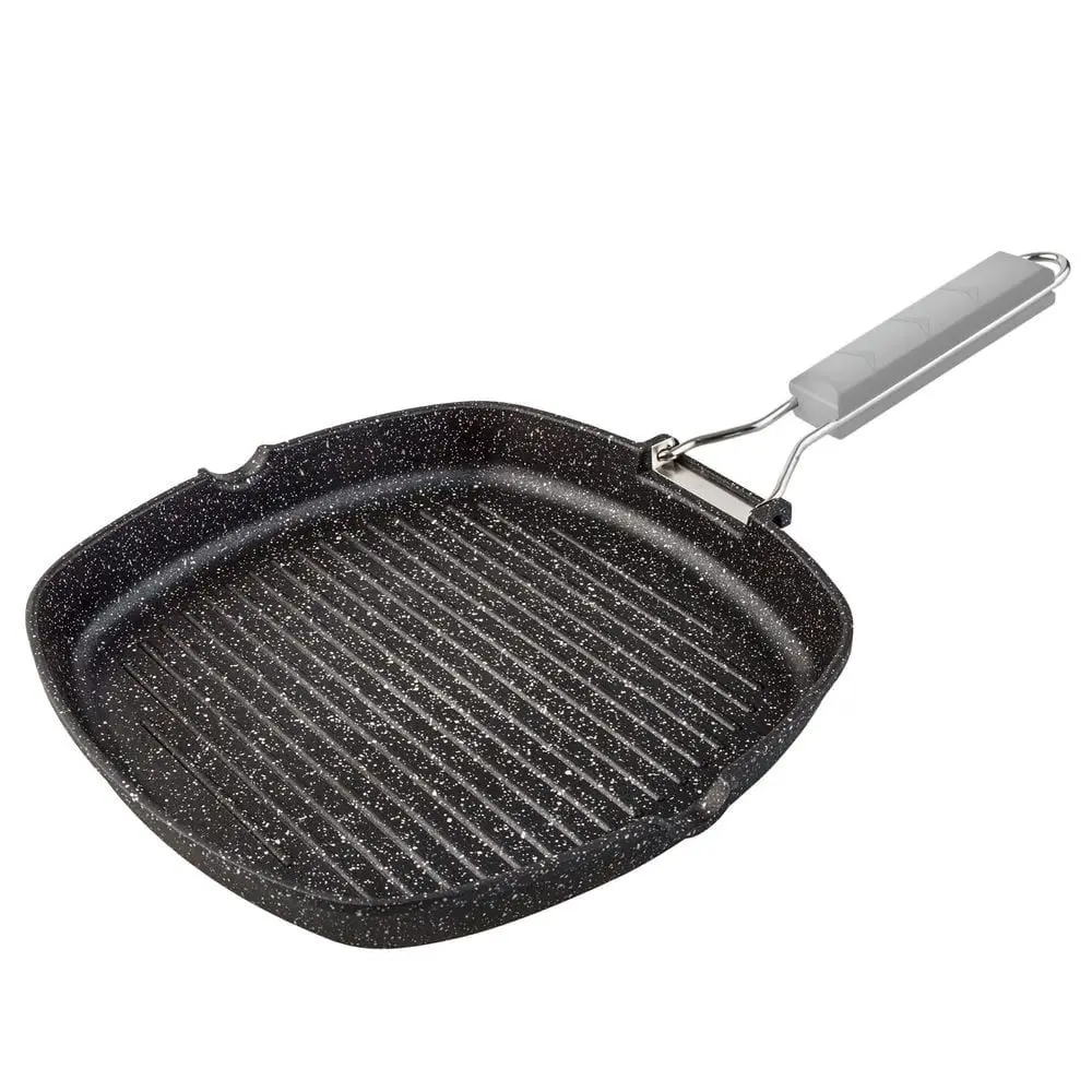 Asadora de aluminio fundido mango abatible - superficie rayada piedra - Cocina sin pegarse incluso sin aceite - Asadora con mango abatible de silicona