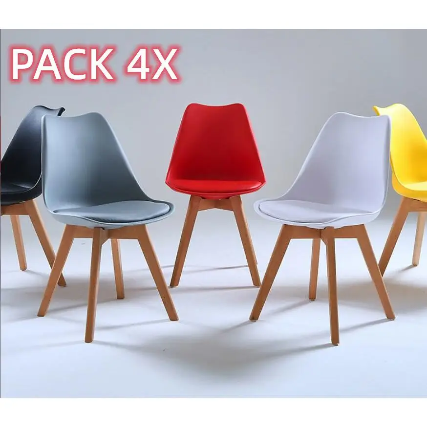 Set of 4 tulip chairs with wooden legs, medieval nordic style furniture, with padded faux leather seat, for desk, dining room, bedroom, balcony or restaurant bar hospitality, office nordic kitchen dining table,