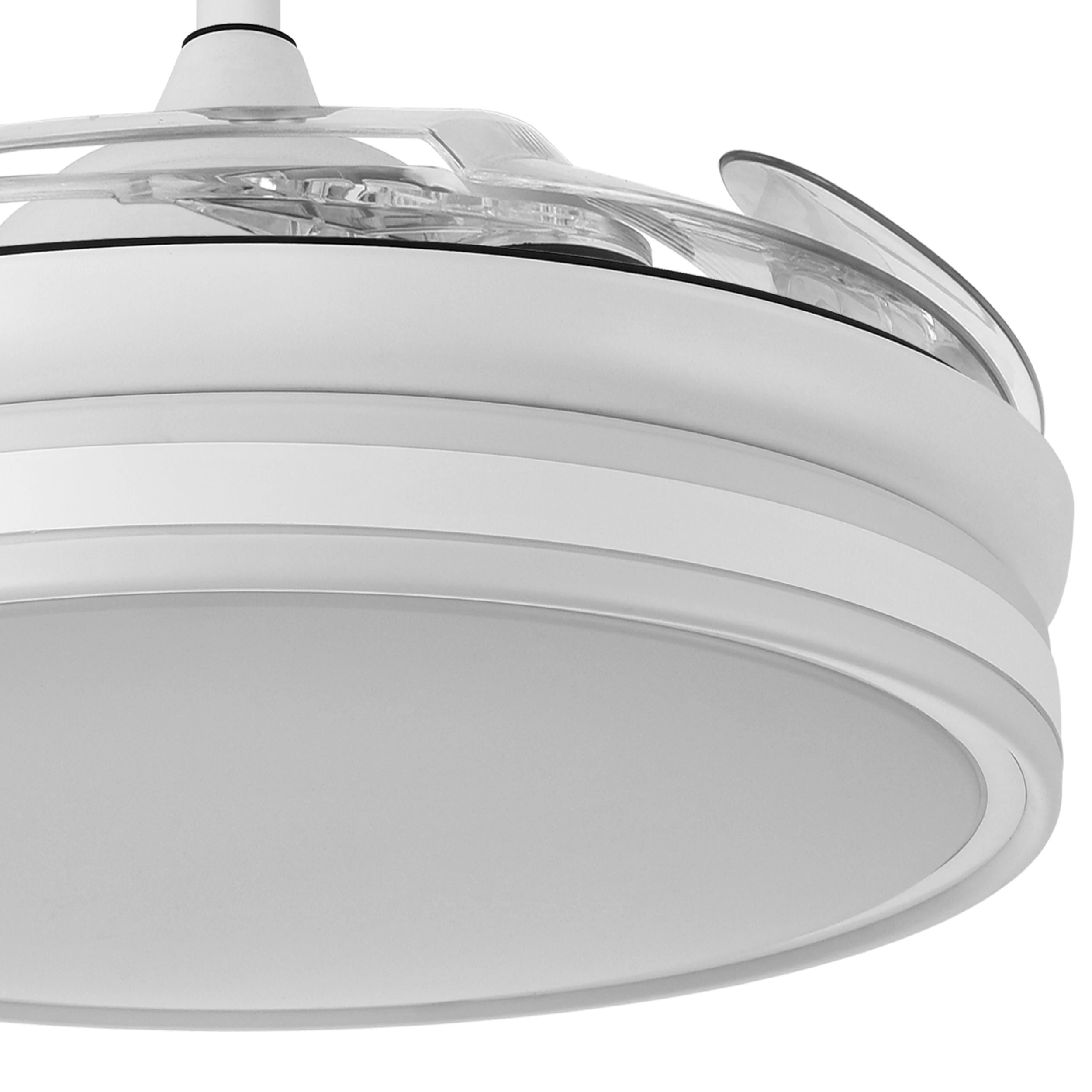 Ceiling fan BAYOMO NEW DC 59w 6980lm White, 4 folding blades, dimming intensity and light tone 3000K, 4000K, 6000K with remote control. Measures 34,5/42x50 Ø/107 øcm-Abrila-Fabrilamp - Dimable. Includes two tijas. 12,5cm and 25c