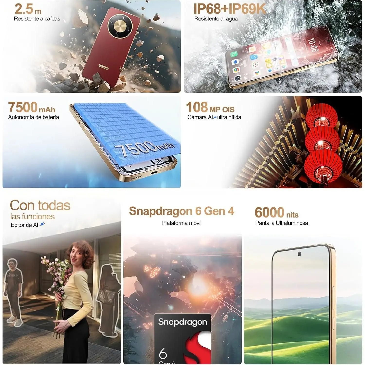 Teléfono – HONOR Magic 8 Lite 5G Smartphone, Versión UE, 8GB+256GB, 8GB+512GB, 7500mAh, 6.79 «AMOLED movil, IP68/IP69K, 2,5m Resistente a caidas, 108MP OIS Cámara Al ultra nítida 5