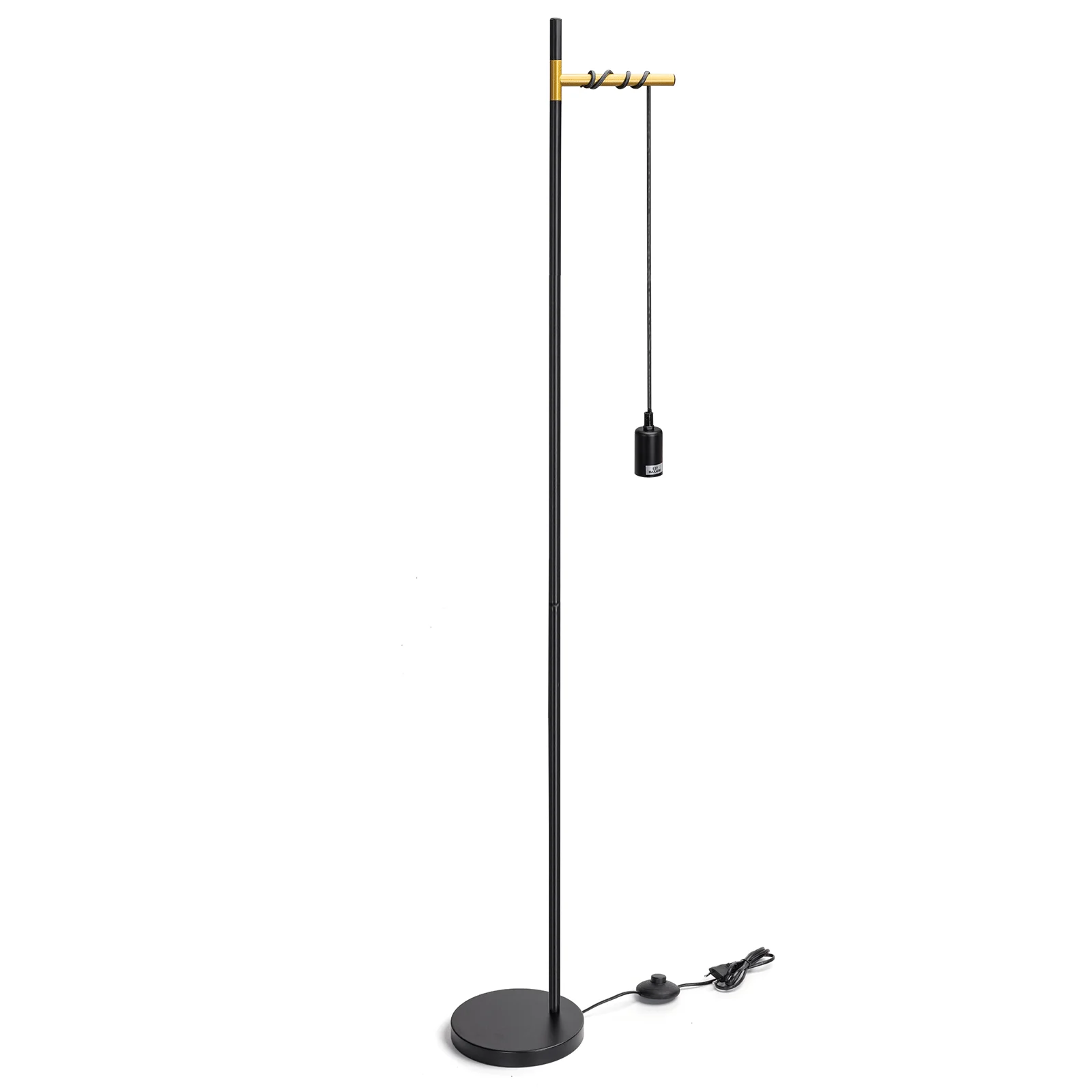 Aigostar lámpara de pie retro E27, lámpara de pie de metal para salón(sin bombilla), Lámpara de pie colgante con cable de 180cm y interruptor de pie,  en color negro/dorado