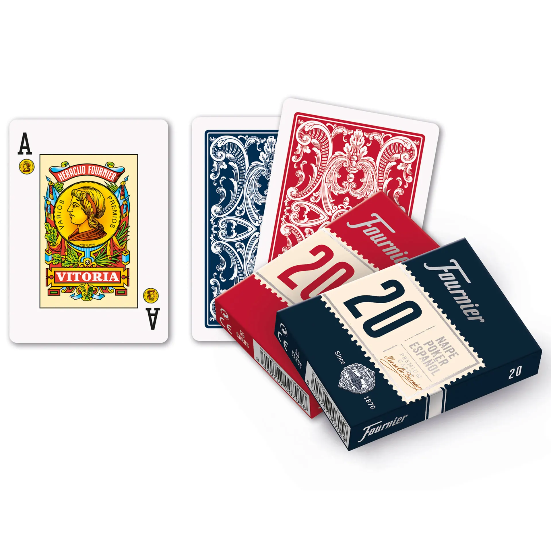 Pack 2 Barajas Poker español Fournier 55 cartas trasera roja y azul Indices estandard Nº 20 - Juego de Cartas Naipes - Hecho en España