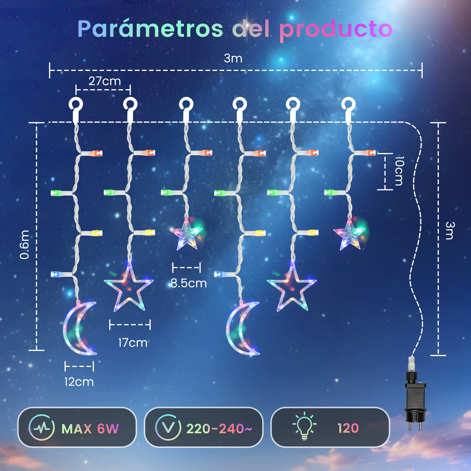 Aigostar luces de cortina de Navidad con estrellas y lunas RGB, 3M*3M*0.6M, 8 Modos Cadena de Luces con Remoto, 120 LED, temporizador, Resistente al Agua, para exterior y Interior, decoracion navidad