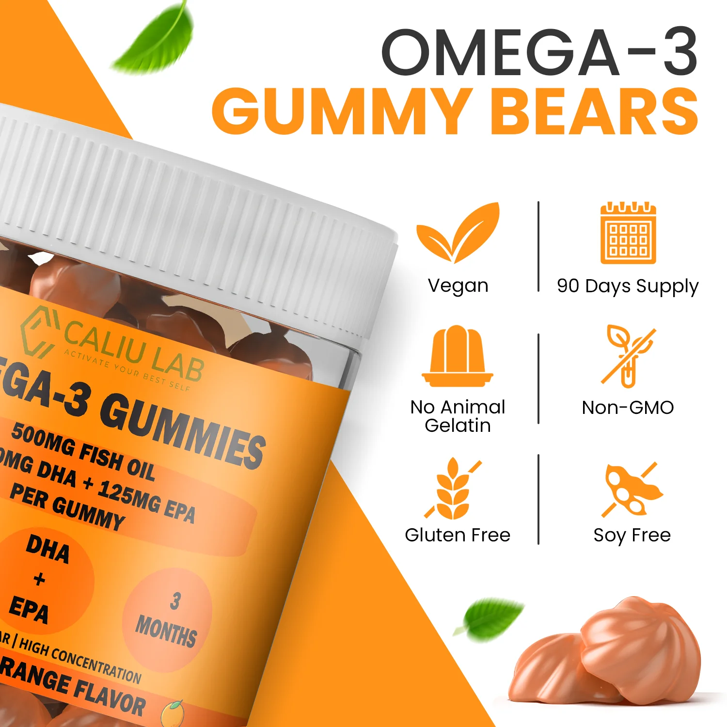 Omega-3 gummies +500 mg fish oil +250 mg dha +125 mg epa - brain, eye, cardiovascular health - orange flavor - 90 gummies - 3 months - maximum concentration of omega 3 fatty acids epa and dha #2