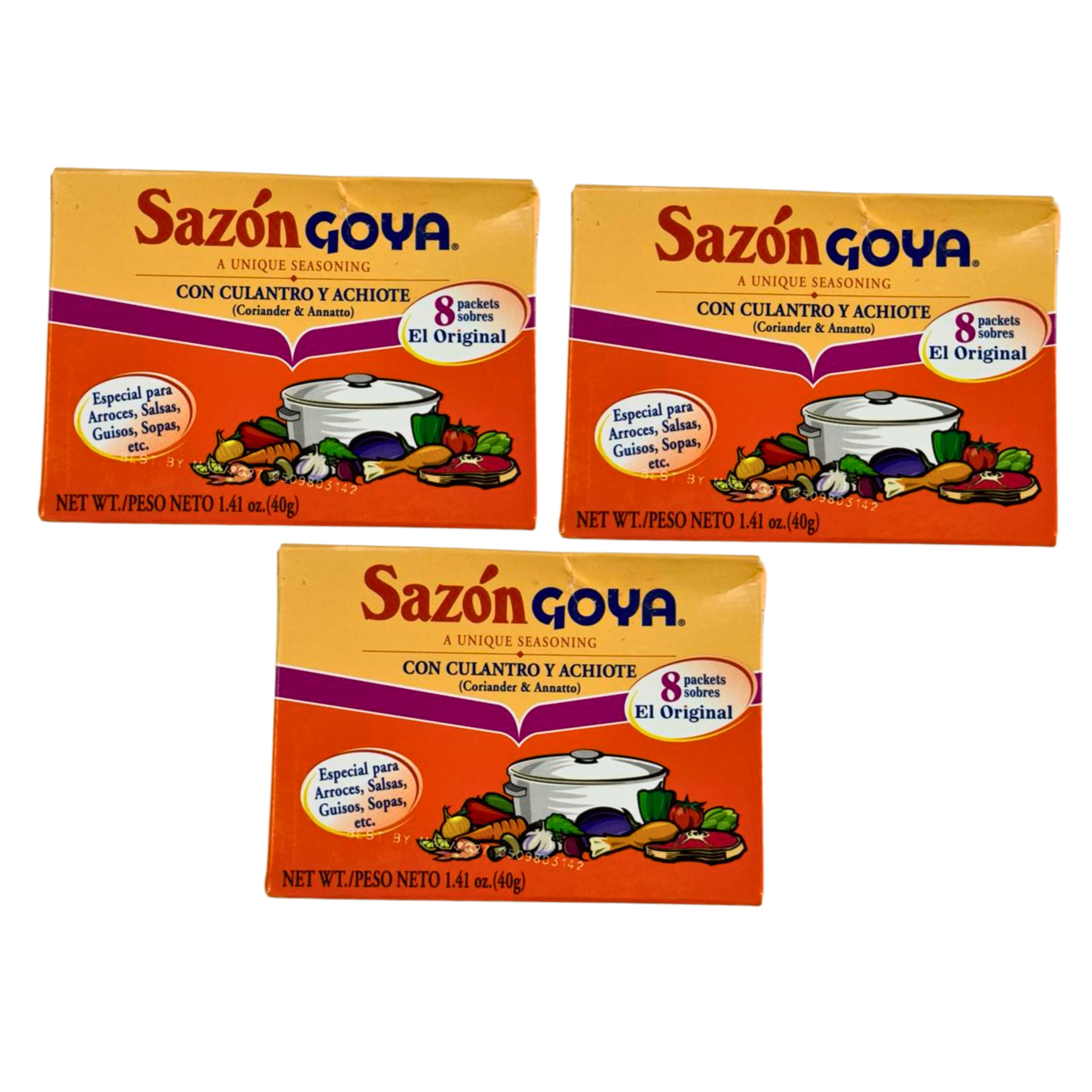 3 PAQUETE DE SAZON GOYA CON CULANTRO Y ACHIOTE SIN GLUTEN, COLOR AMARILLO VIBRANTE 40G. ALTA CALIDAD