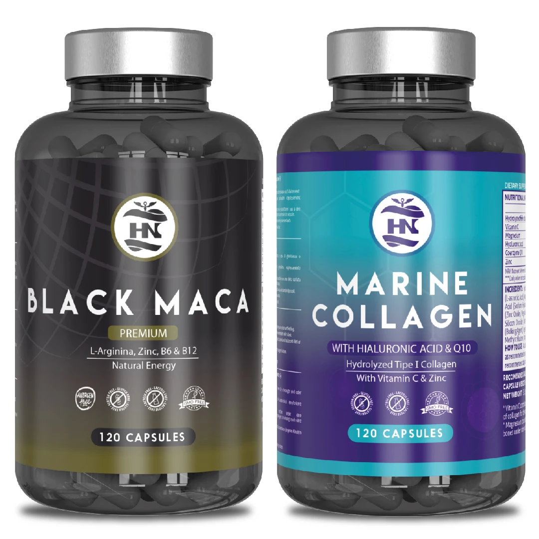 Hn - Healthy Nutrition - Black Maca & Marine Collagen Pack - Peruvian Andean Black Maca with L Arginine - High Concentration - Maximum Energy and Performance - B6 and B12 Vitamins Against Tiredness and Fatigue - Pure Hydrolyzed Marine Collagen + Hyaluronic Acid