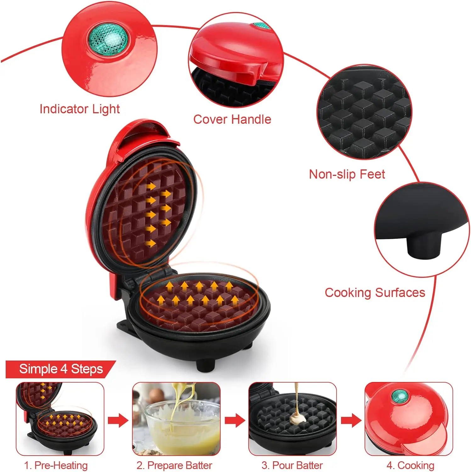 350W Mini Waffle Maker, single Waffle Maker, Waffle Maker, Waffle iron machine, non-stick, handle with cold touch, small automatic appliance for kitchen, family party celebration, pastry, cafeteria, Bar, red