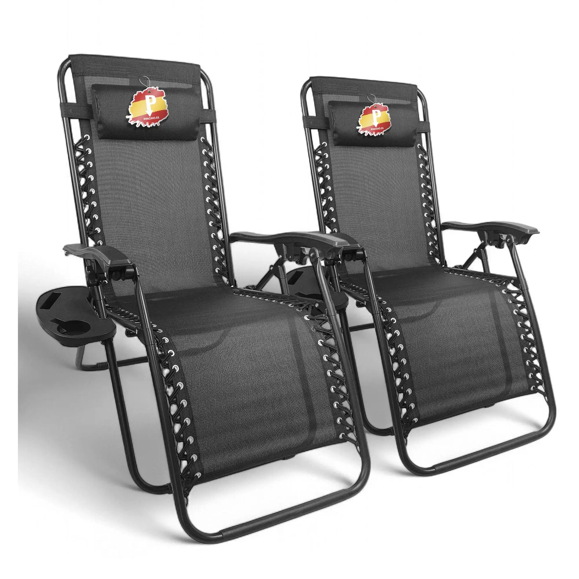 Tumbona Jardin Exterior, Silla Gravedad Cero, Reclinable, Pack de 2 Sillones Plegables,  Tumbonas Plegables Ergonómicas con Apoyabrazos y Soporte para Bebidas, Silla de Jardín, Playa, Camping o