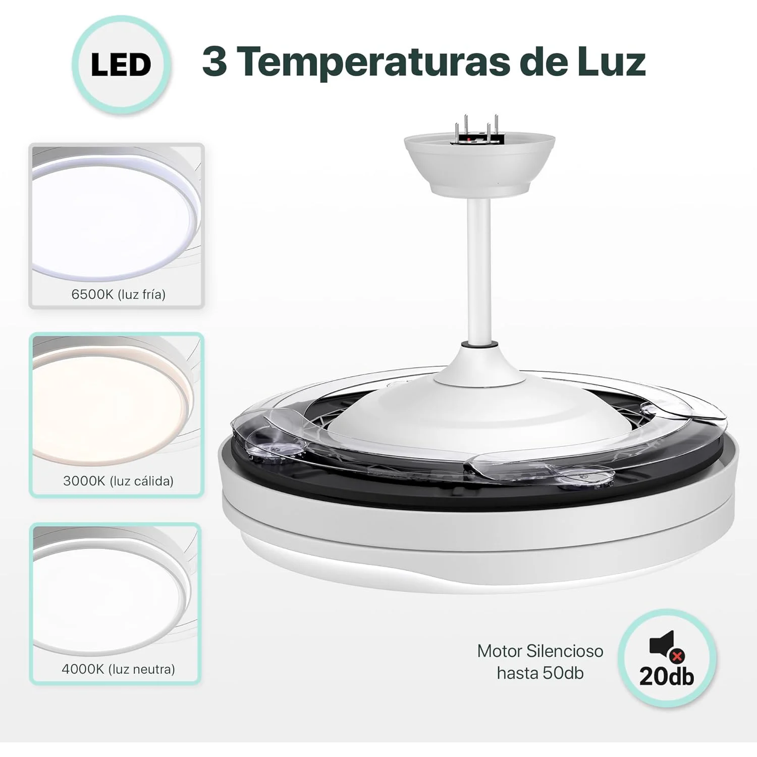 84 w lighted ceiling fan, ultra-quiet, invisible, with remote control and retractable blades, summer-winter function, integrated control, snow white energy class f ostark-leduni