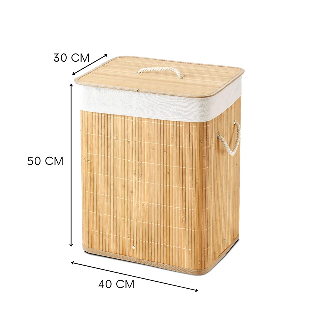 Accommodates textile-folding bamboo basket with lid and handles for laundry 60l capacity. Large laundry organizer basket with removable bag and washable wood Color 40x30x50 cm.