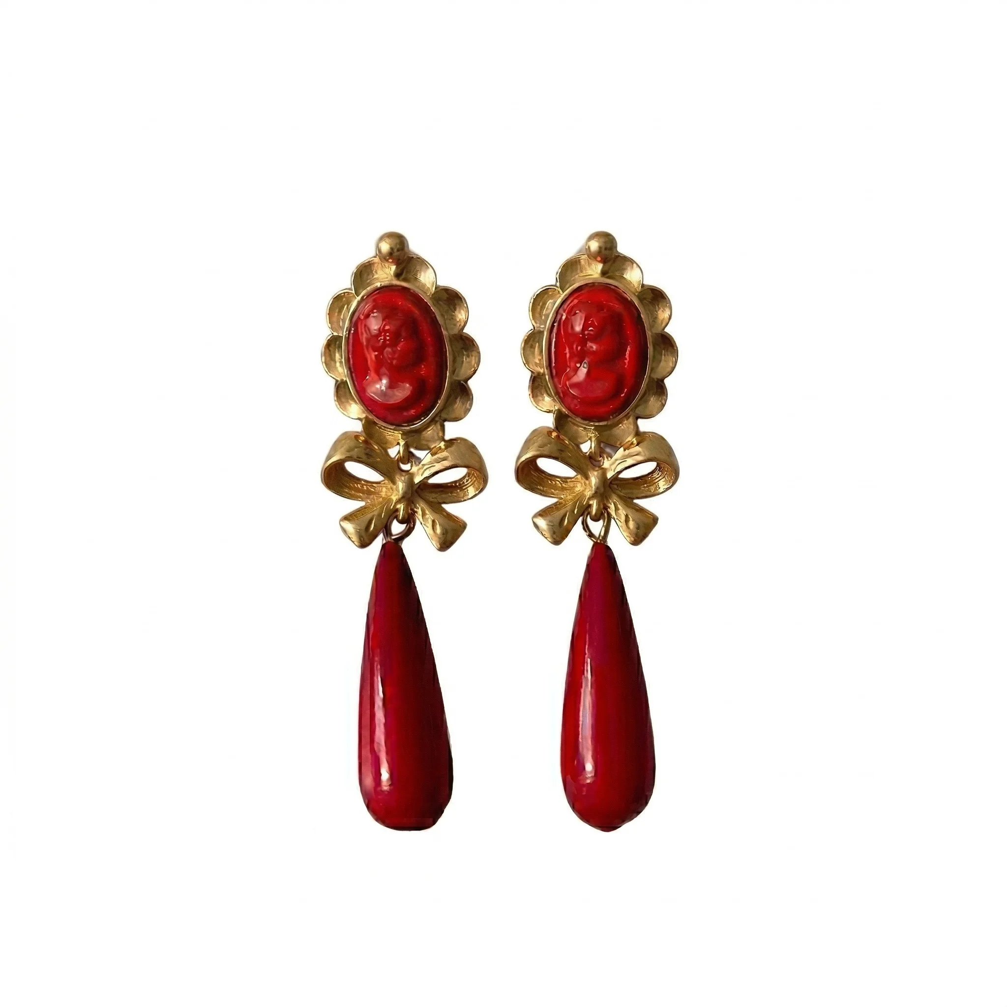 Pendientes largos de mujer forma de lágrima, calabazas rojas con camafeo y lazo, accesorios flamencos Le Côté Chic