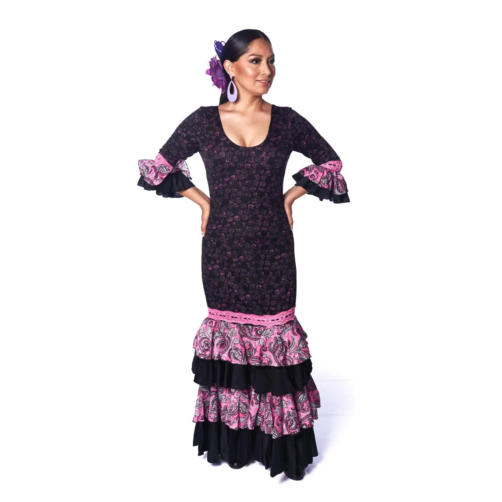 Vestido flamenco de mujer con manga 3/4, 4 volantes con estampado cachemir