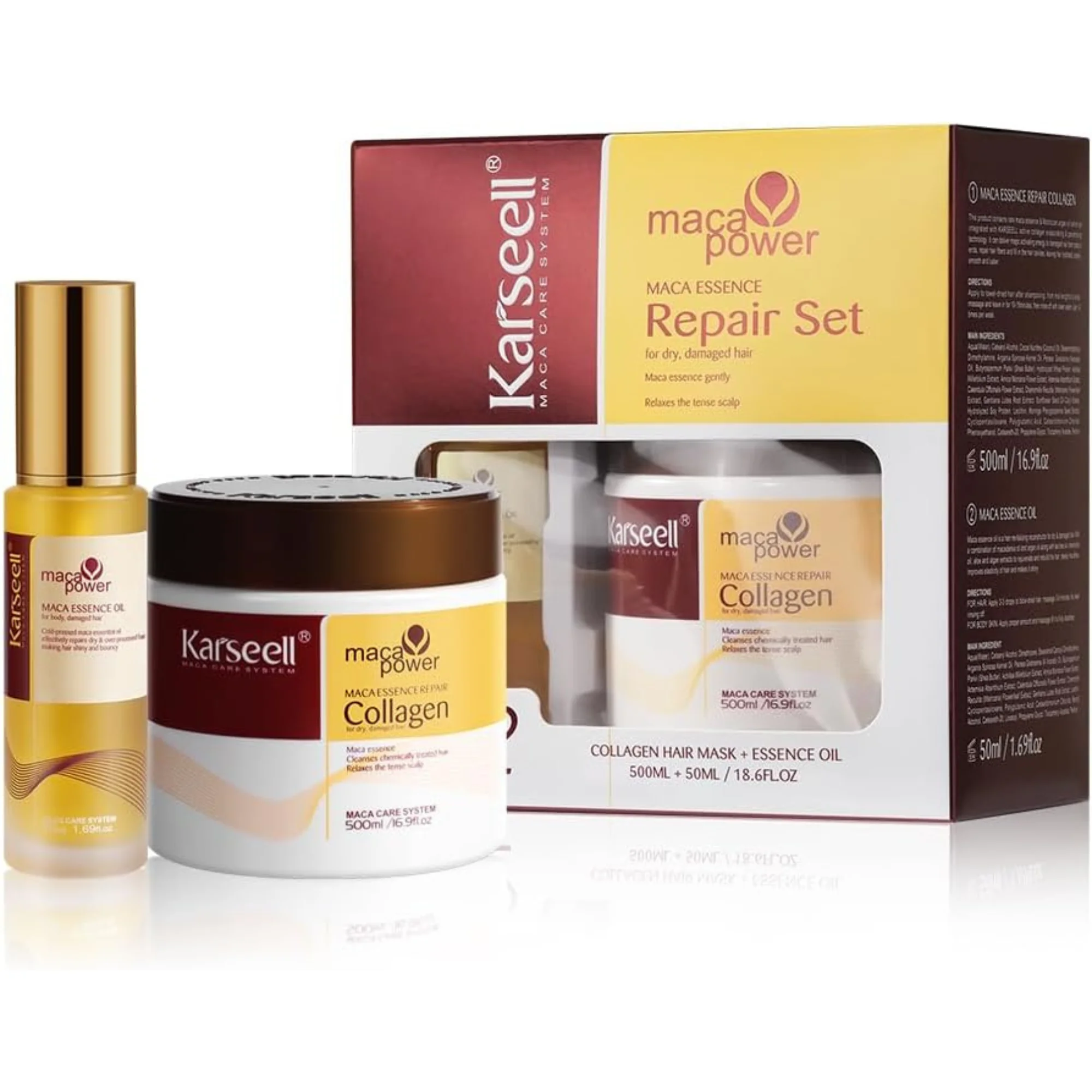 KARSEELL Pack Mascarilla Capilar de Colágeno 500 ml  + Sérum de Aceite de Argán 50 ml Hidratación Profunda Reparación Acondicionador Cabello Seco y Dañado Tratamiento Intensivo Colágeno Maca Aceite de Coco Aguacate Alisado Todo Tipo de Cabello