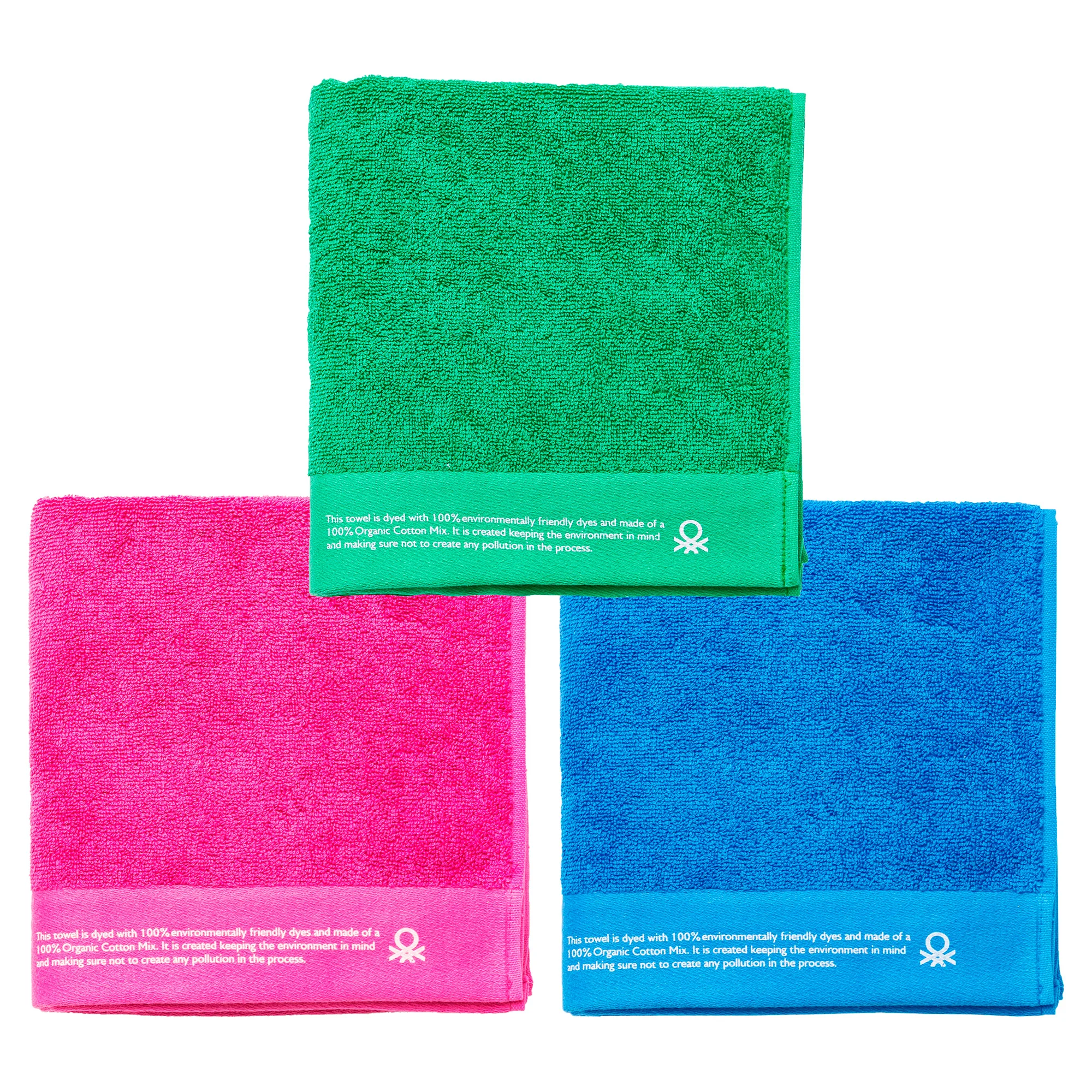Benetton: Juego de 3 Toallas de Baño de Algodón Orgánico 450gsm en Colores Azul, Rosa y Verde